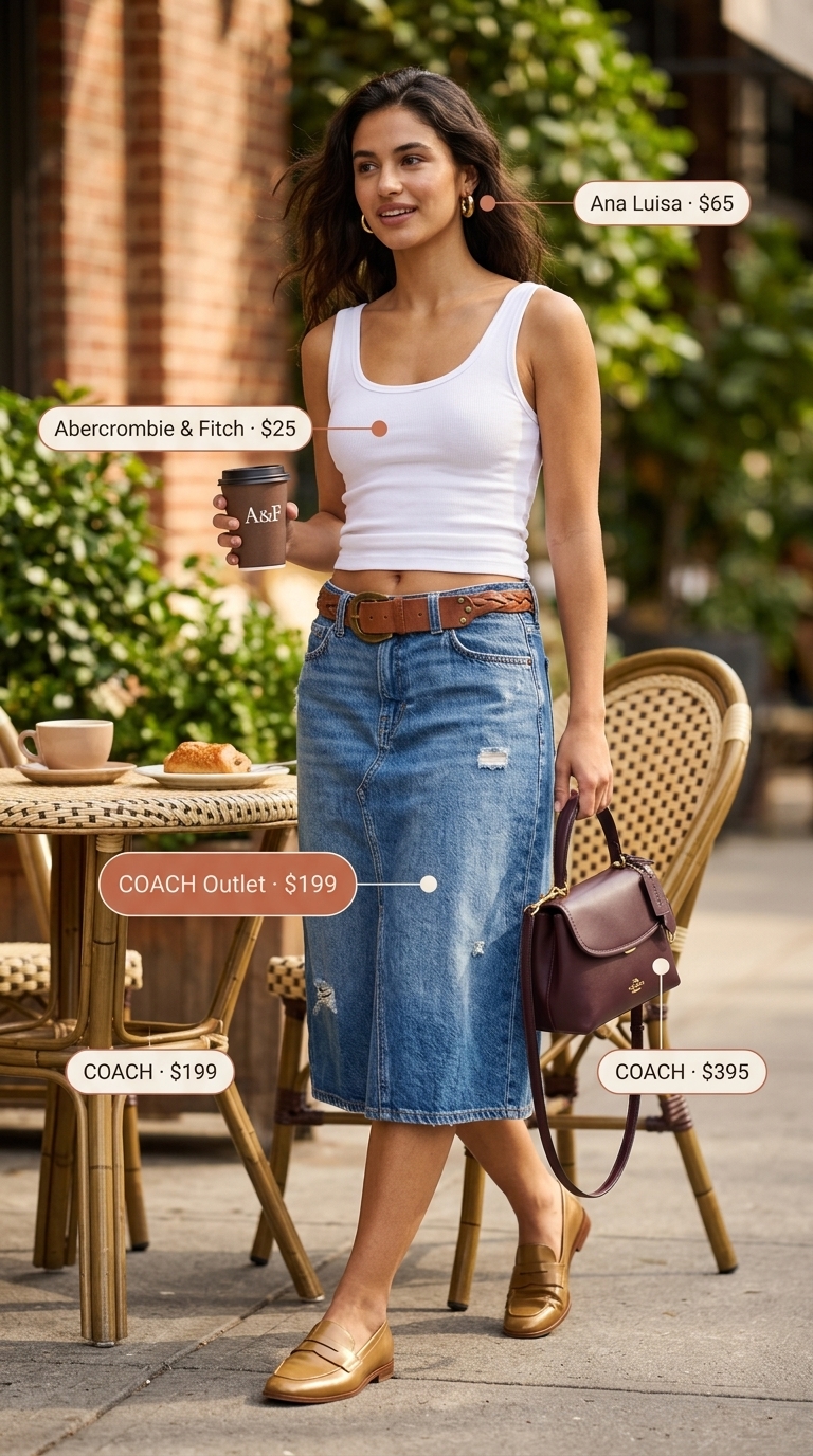 Yellow linen mini skirt summer brunch outfit for women 2026 with white tank & sandals.