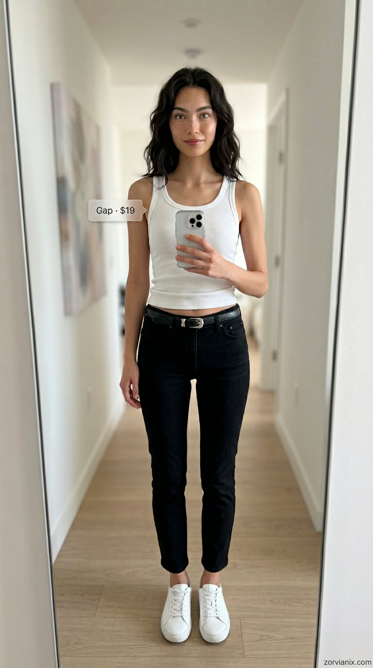 Yellow linen mini skirt summer brunch outfit for women 2026 with white tank & sandals.