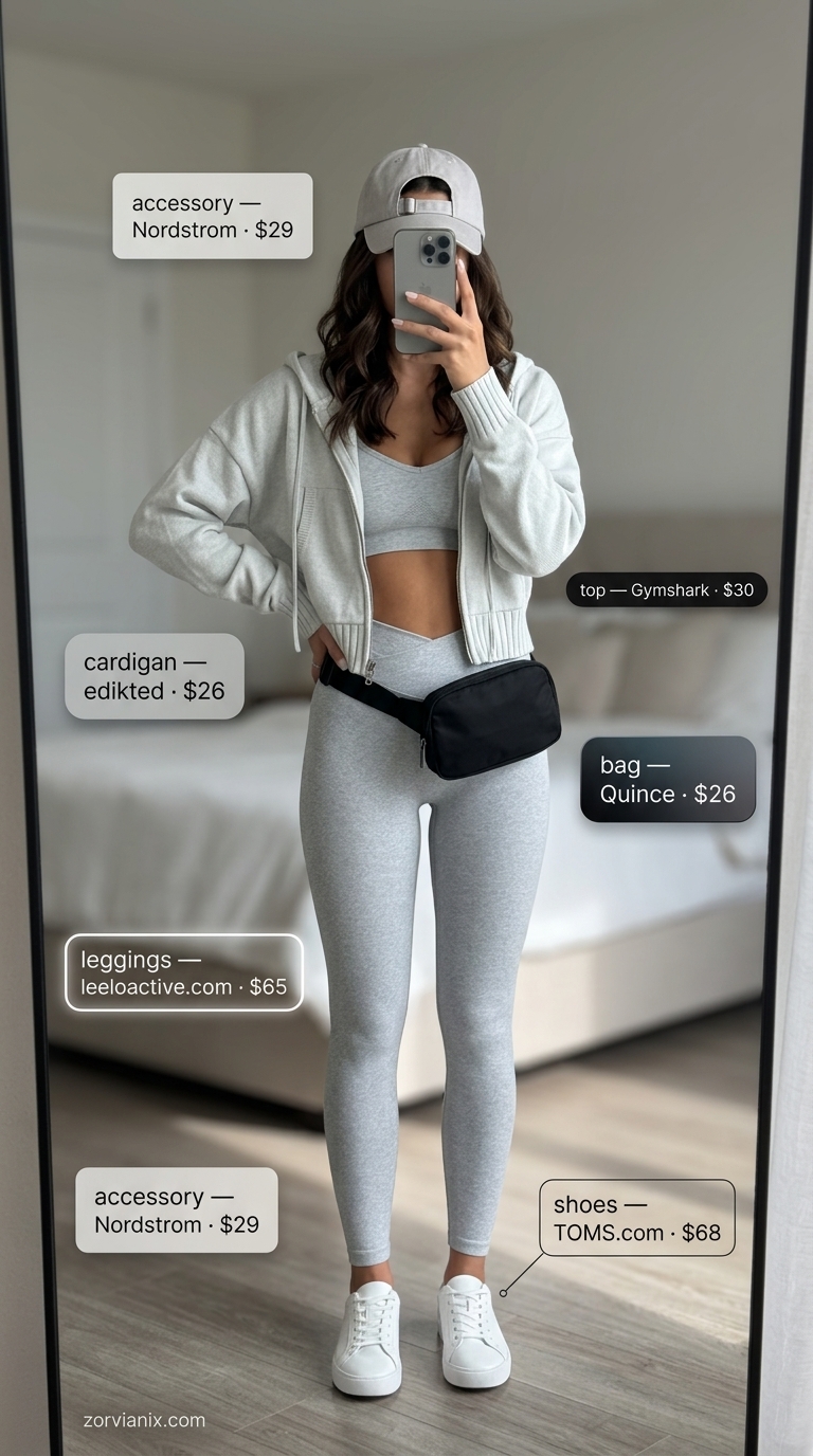 Monochrome athleisure outfit: grey hooded cardigan, leggings, sports bra, sneakers. Summer cardigan outfits for women 2026.