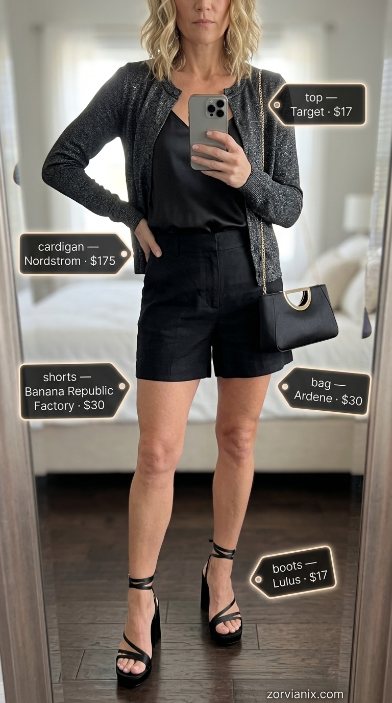 Chic evening outfit: silver metallic cardigan, black shorts, satin camisole, and heels. Summer cardigan outfits for women 2026.