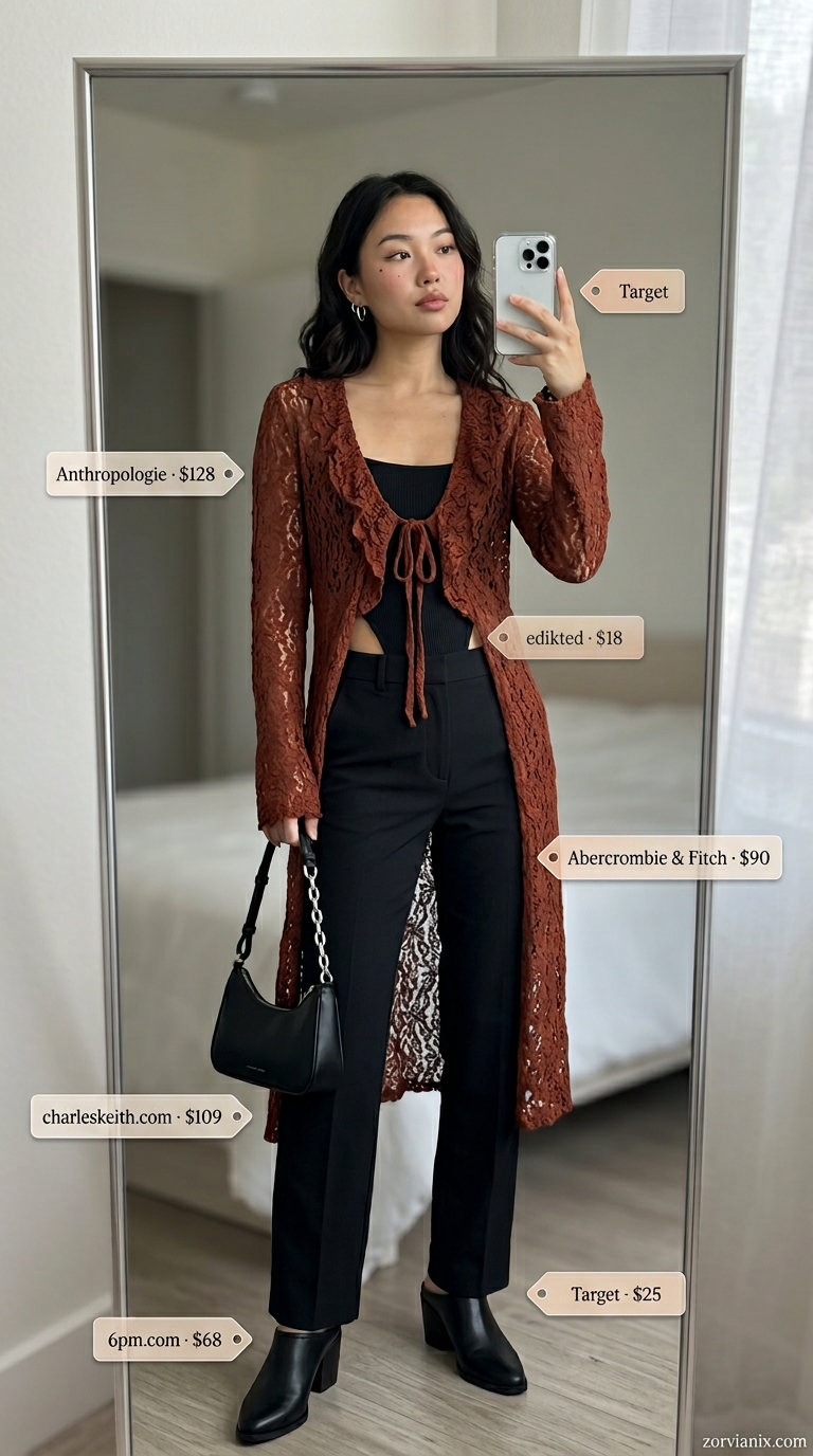 Sunset city explorer outfit: terracotta cardigan, black trousers, bodysuit, and mules. Summer cardigan outfits for women 2026.