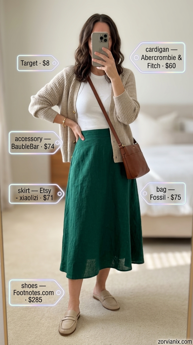 Elegant brunch outfit: beige cardigan, olive linen skirt, white tank, and mules. Summer cardigan outfits for women 2026.