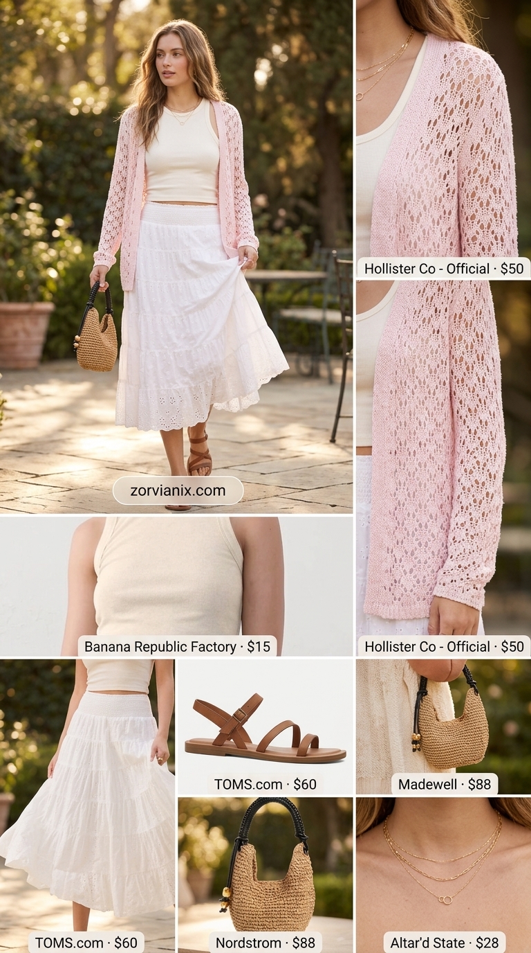 Garden party outfit: pink crochet cardigan, white tiered skirt, tank, and sandals. Summer cardigan outfits for women 2026.