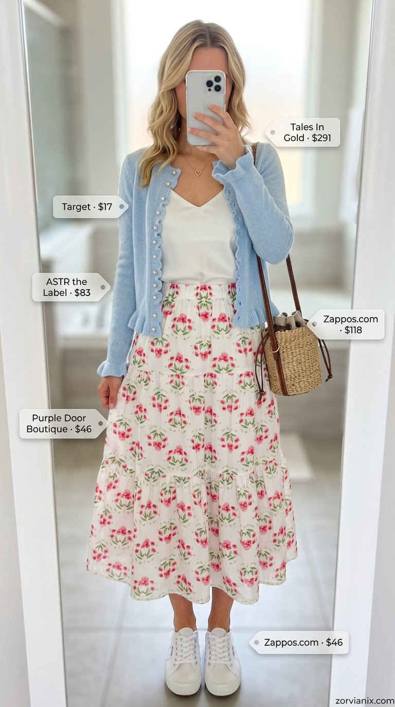 Playful picnic outfit: pastel blue cardigan, floral midi skirt, white camisole, and sneakers. Summer cardigan outfits for women 2026.