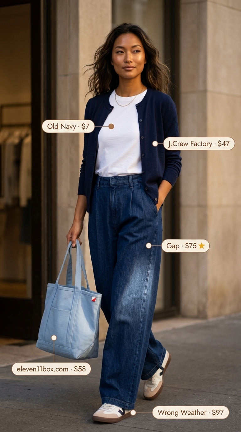 Urban explorer outfit: navy cardigan, wide-leg denim pants, white tee, and fashion sneakers. Summer cardigan outfits for women 2026.