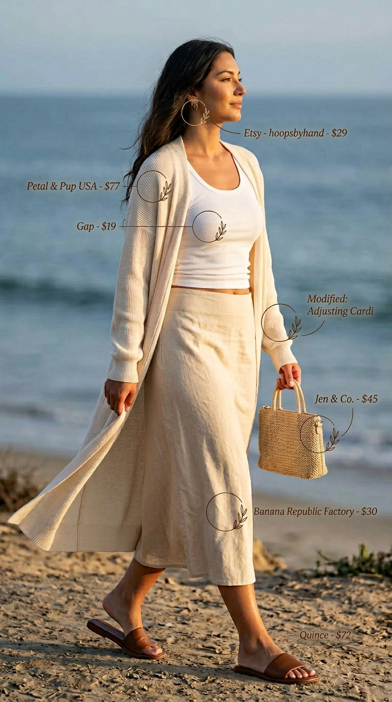 Creamy beige open-knit cardigan over white tank and linen shorts, perfect summer cardigan outfits for women 2026 beach style.