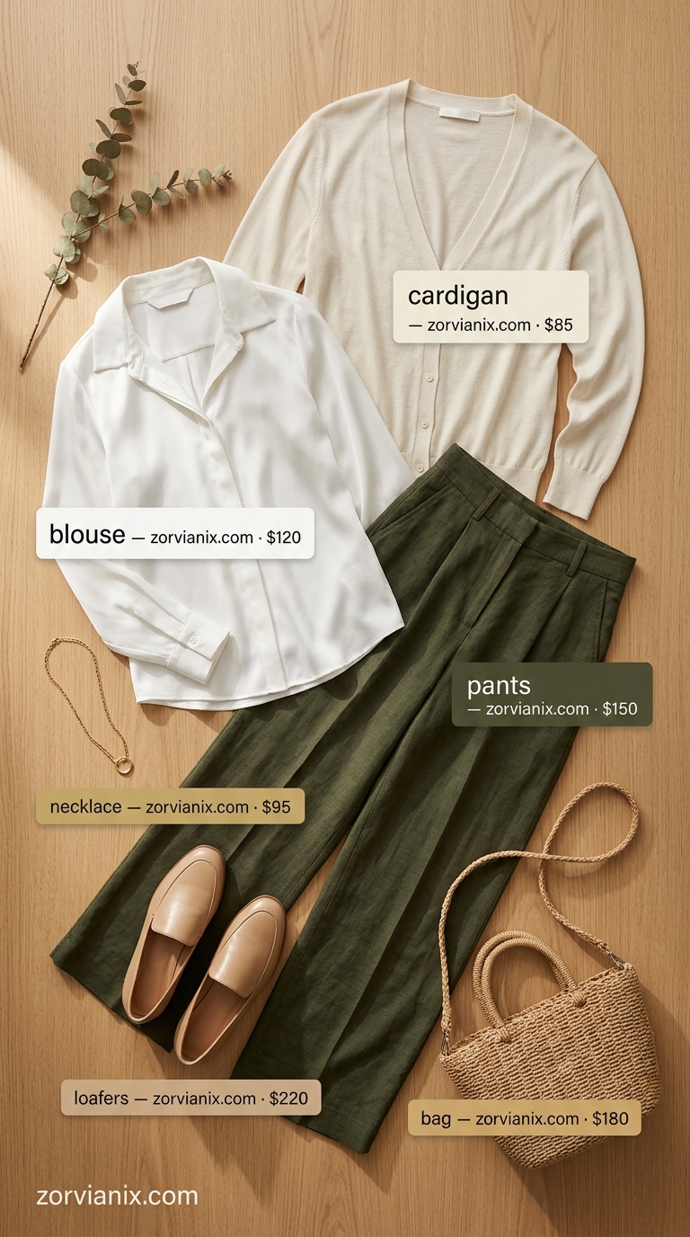 Summer cardigan outfits for women 2026: Beige longline cardigan over white shirt, olive wide-leg pants, mules.