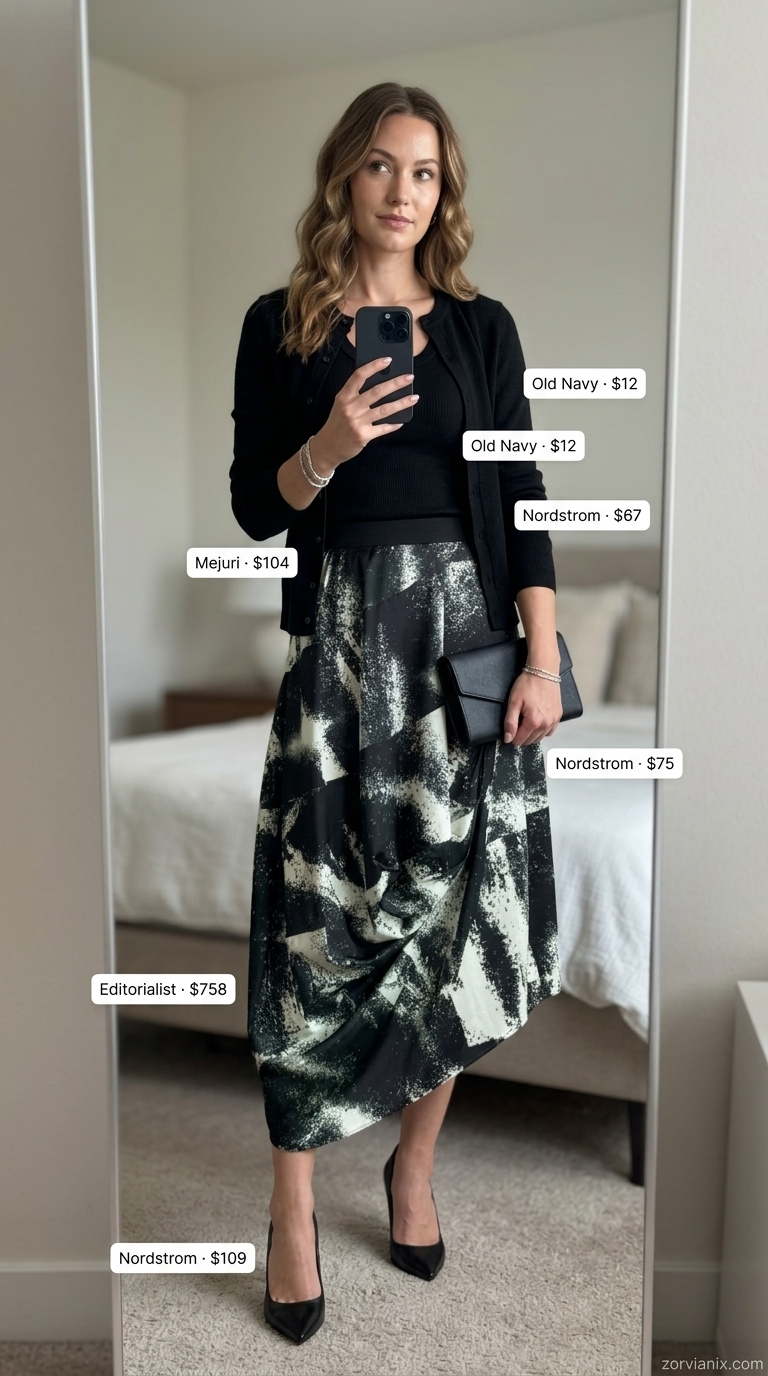 Summer cardigan outfits for women 2026: Black cardigan over black top, abstract print midi skirt, black heels.