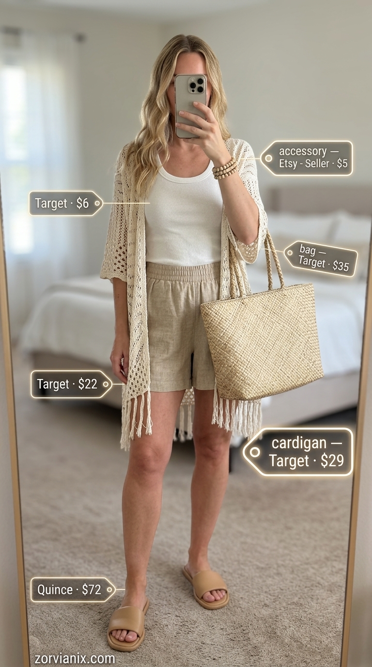 Ecru crochet cardigan over white tank and linen shorts, boho summer cardigan outfits for women 2026 beach style.