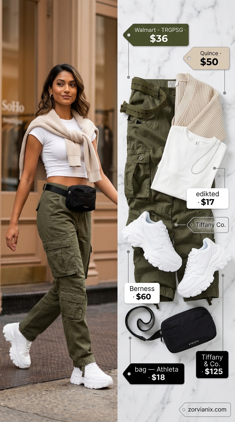 Olive green cargo pants with white crop top and beige cardigan, trendy summer cardigan outfits for women 2026 casual style.