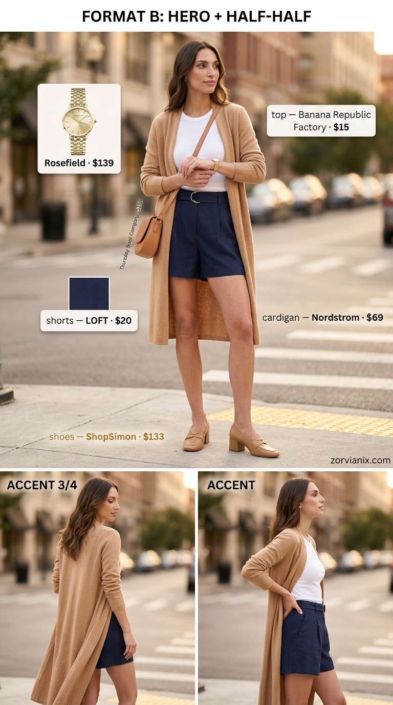Beige open-knit cardigan over white tank and navy shorts, chic summer cardigan outfits for women 2026 city style.