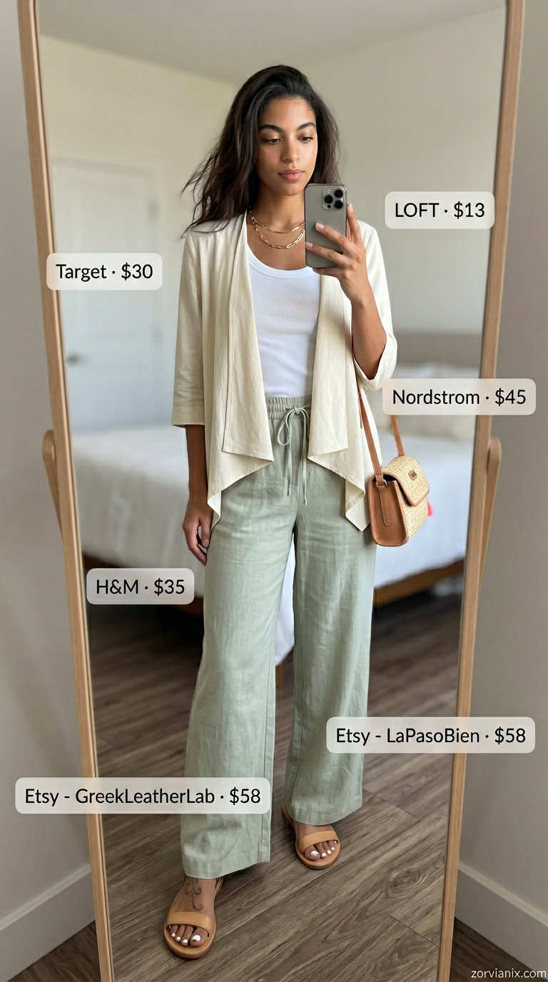 Summer cardigan outfits for women 2026: Cream knit cardigan over sage linen pants, cream tank, tan sandals.