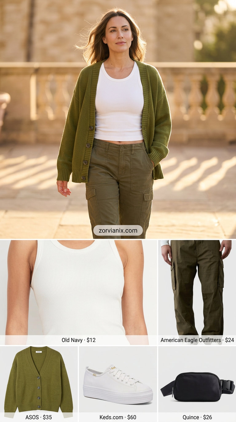 Summer cardigan outfits for women 2026: Olive green knit cardigan over white tank, khaki cargo pants, sneakers.