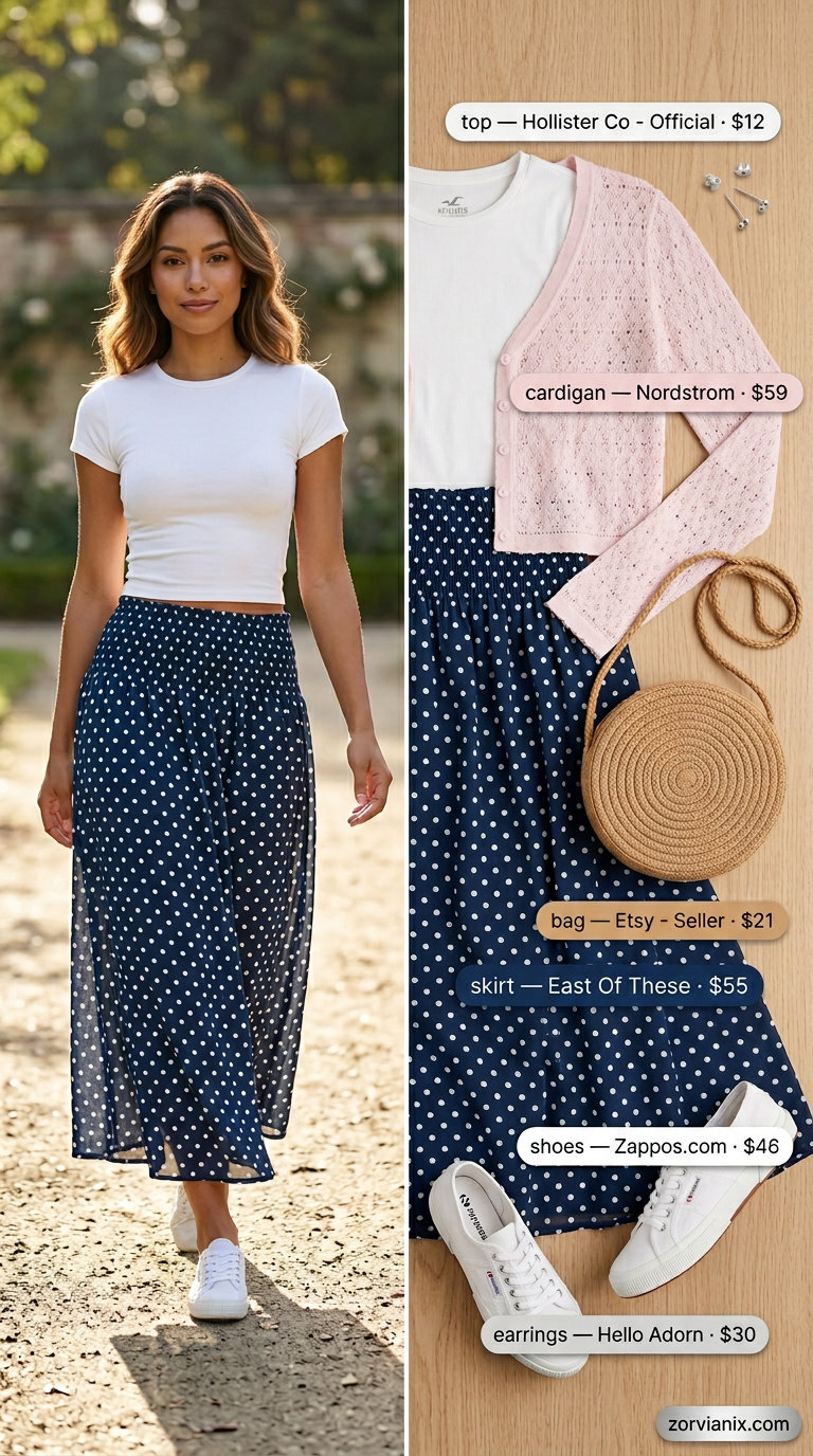 Pastel pink cropped cardigan over white tee and navy polka dot skirt, a cute summer cardigan outfit for women 2026 picnic.