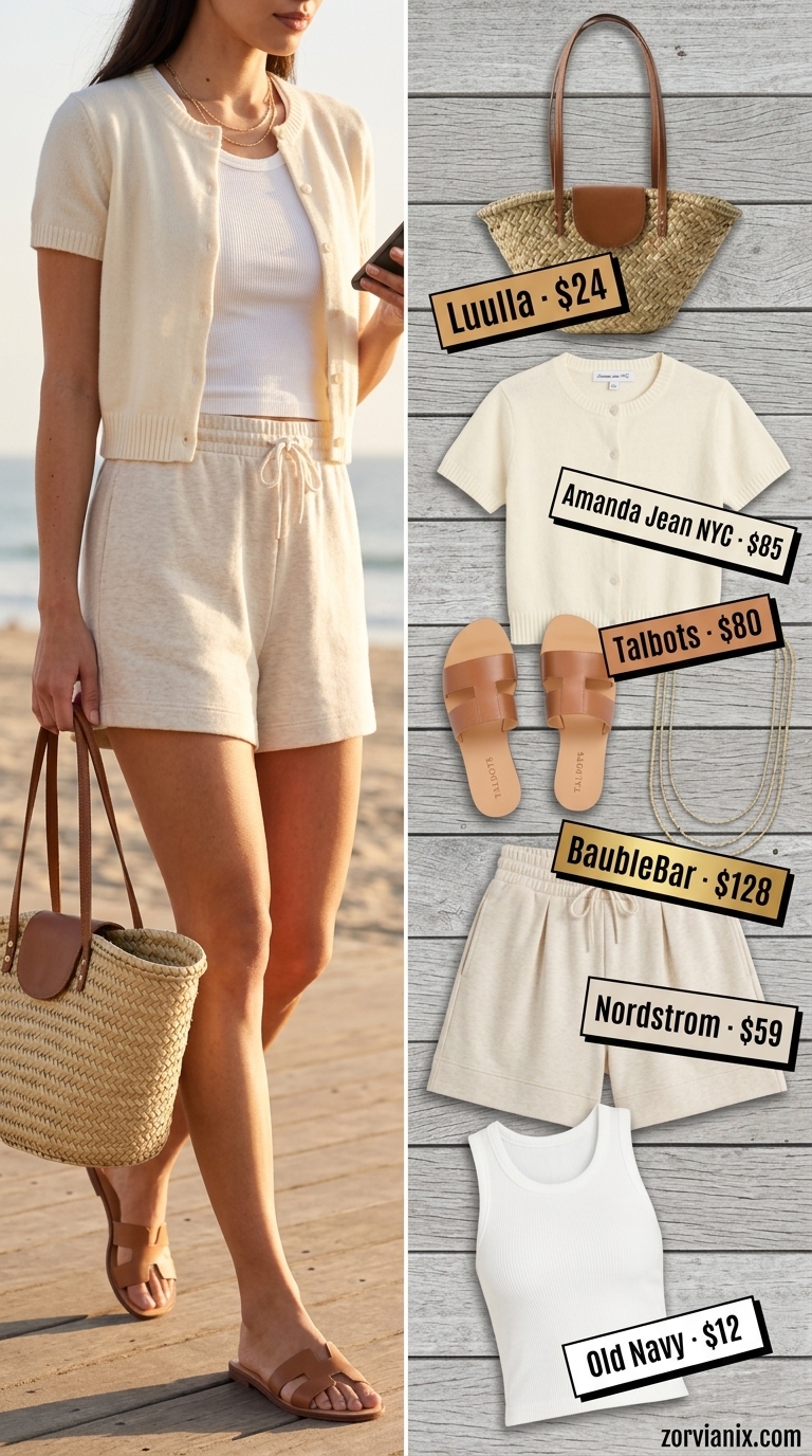 Cream cropped cardigan with knit shorts and tank, stylish summer cardigan outfits for women 2026 vacation style.