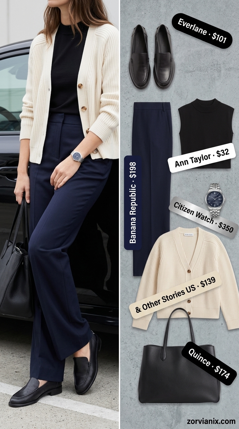 Summer cardigan outfits for women 2026: White knit cardigan over mock neck top, navy trousers, loafers for office.