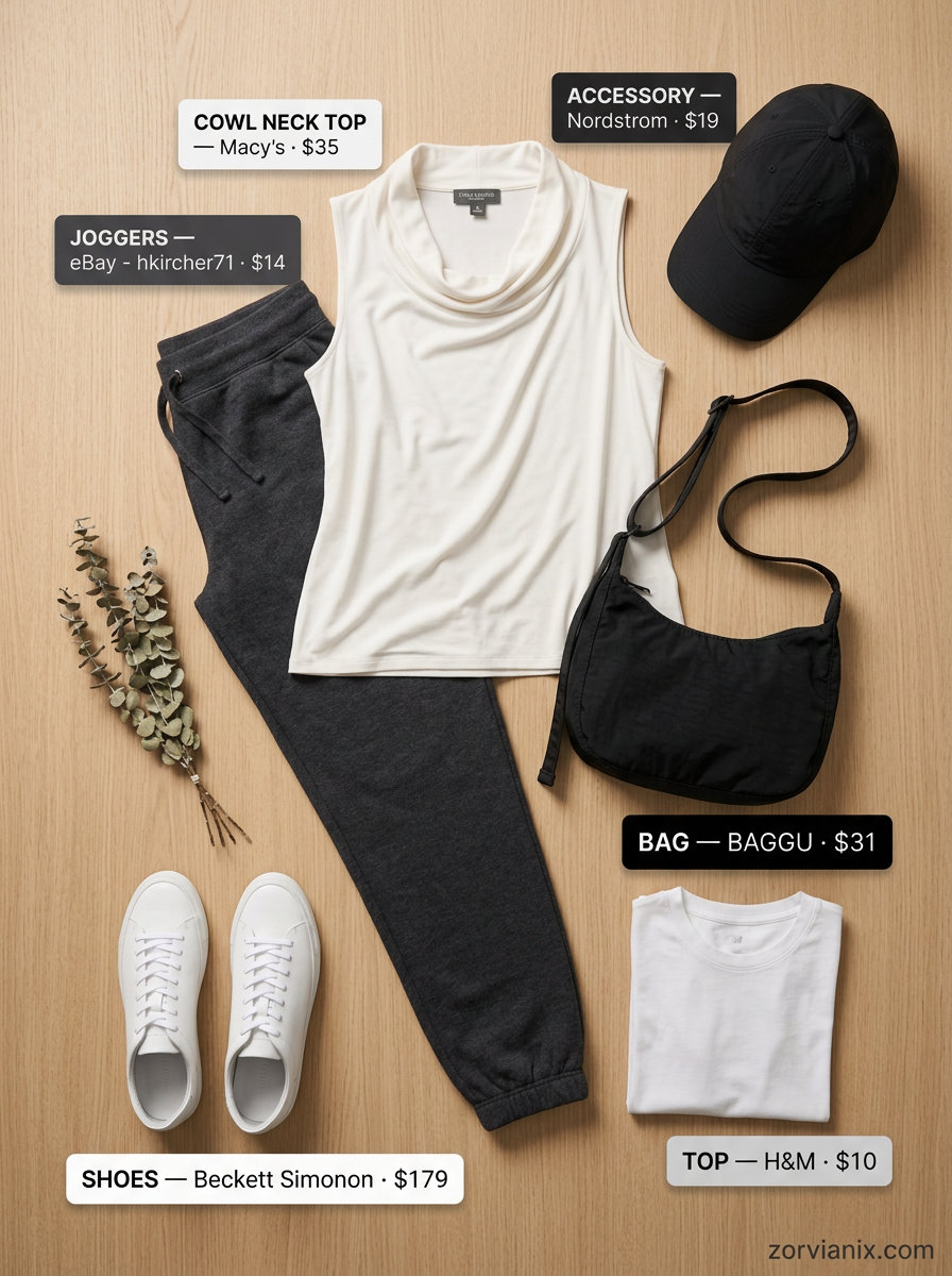 Charcoal grey joggers with a black cowl neck t-shirt for elevated athleisure 2026.