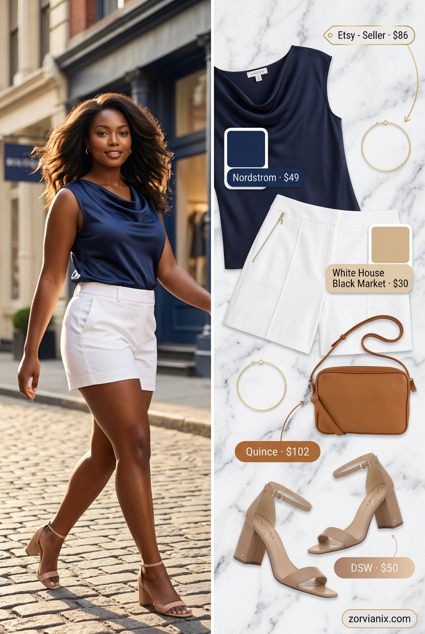 Beige knit cowl neck top with white tailored shorts for chic summer daytime events 2026.