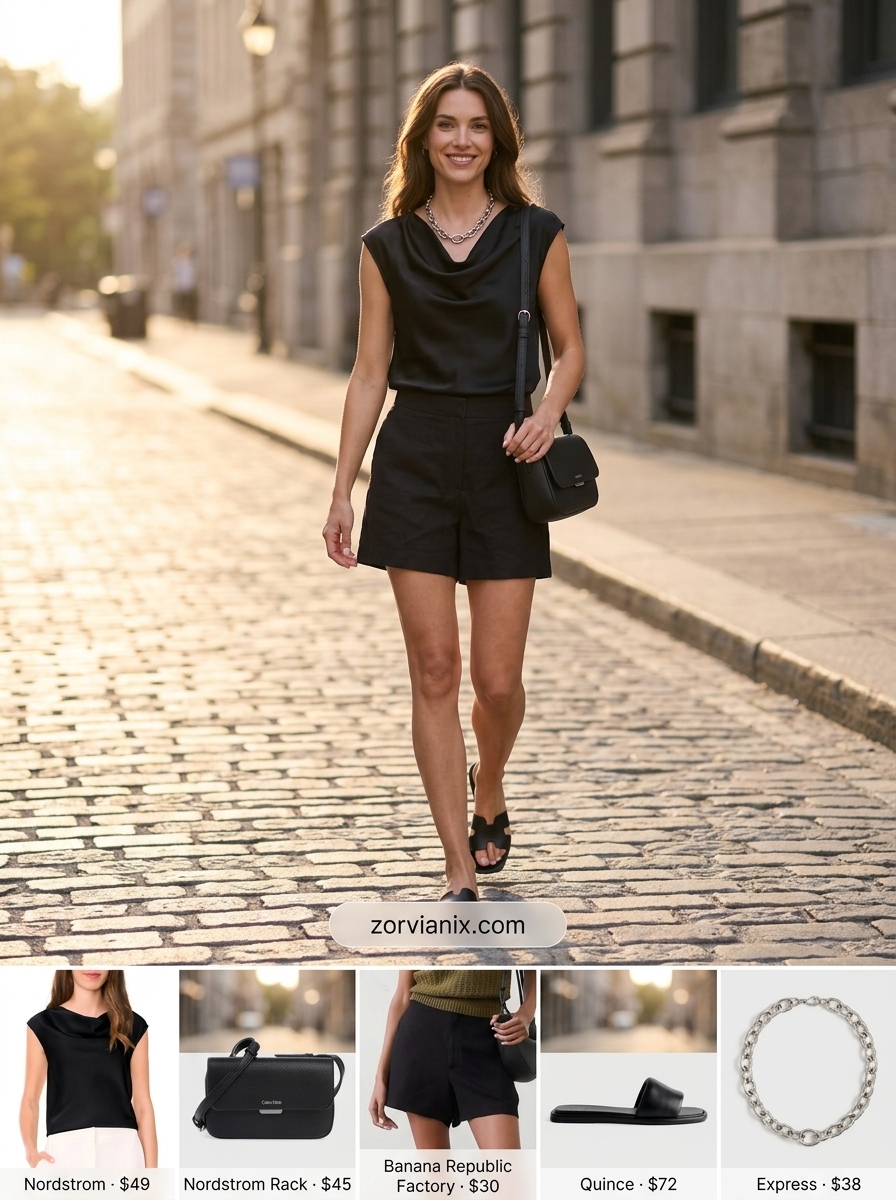 Black linen blend shorts with a black cowl neck top for monochrome chic summer style 2026.