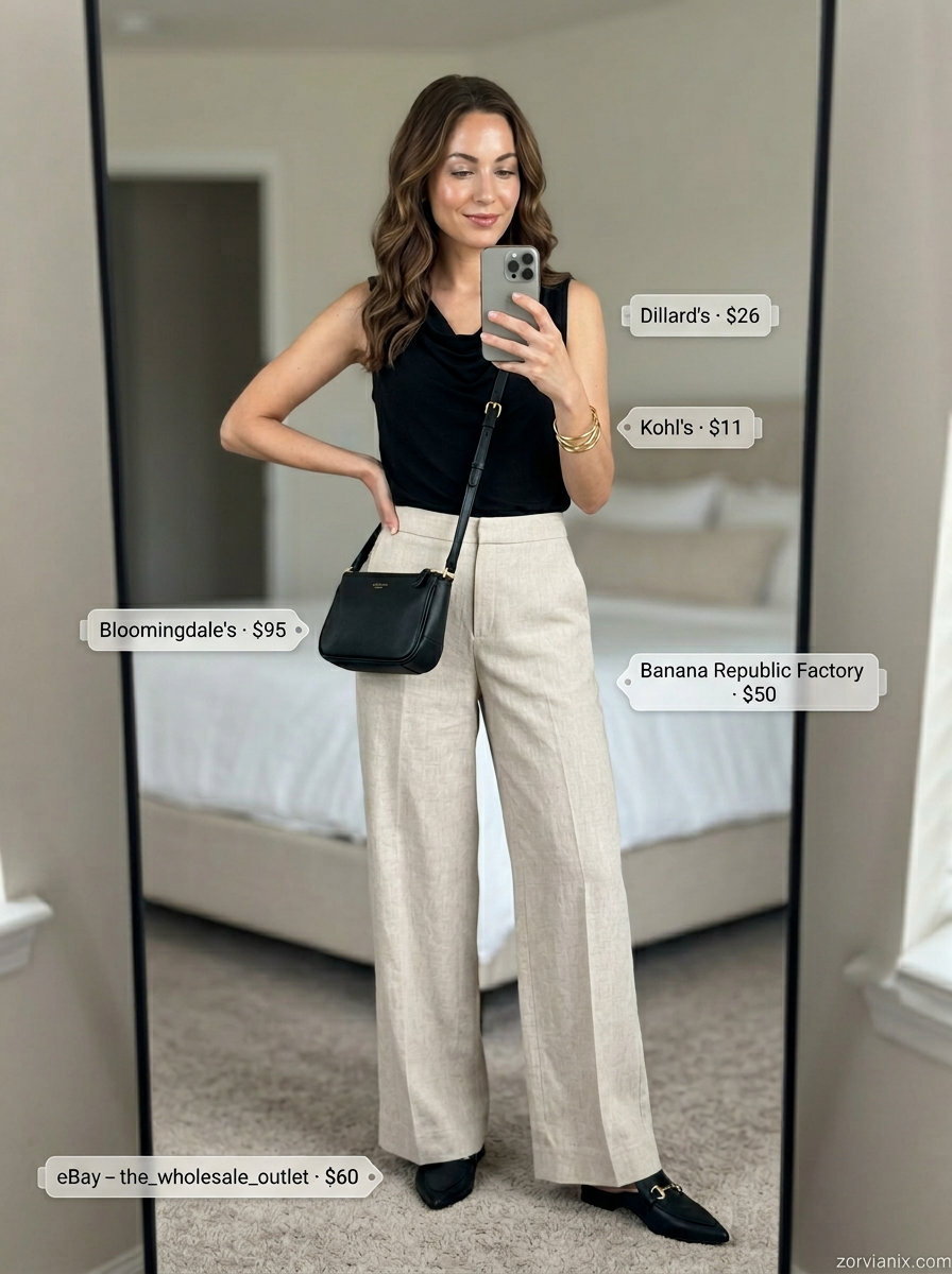 Black cowl neck crop top with beige linen pants for women 2026. Sophisticated city lunch outfit.