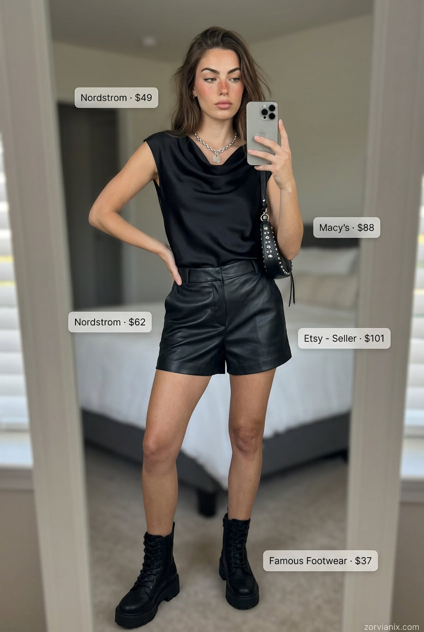 Black sleeveless cowl neck top with faux leather shorts for women 2026. Edgy night out look.