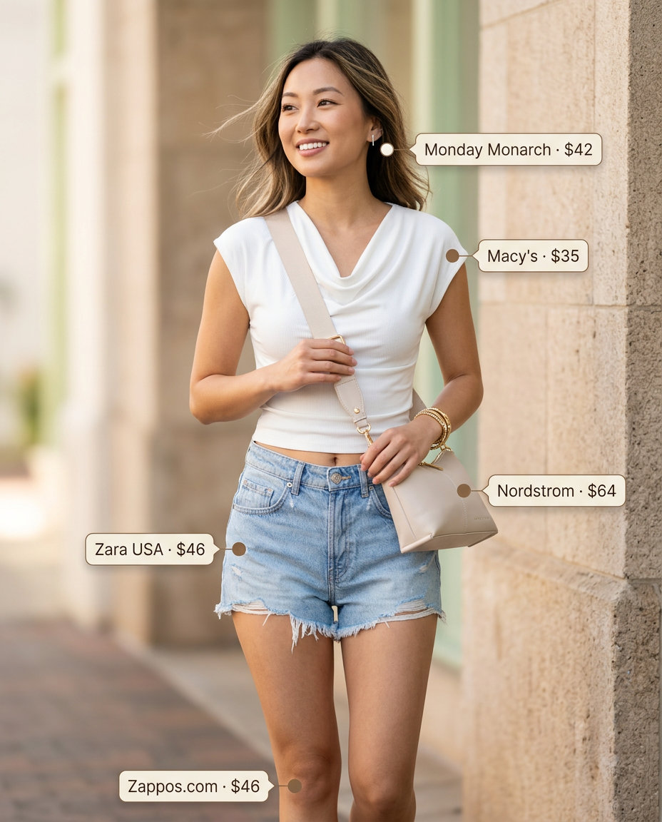 Pastel blue cowl neck cropped tank top with distressed denim shorts for summer cowl neck outfits for women 2026.