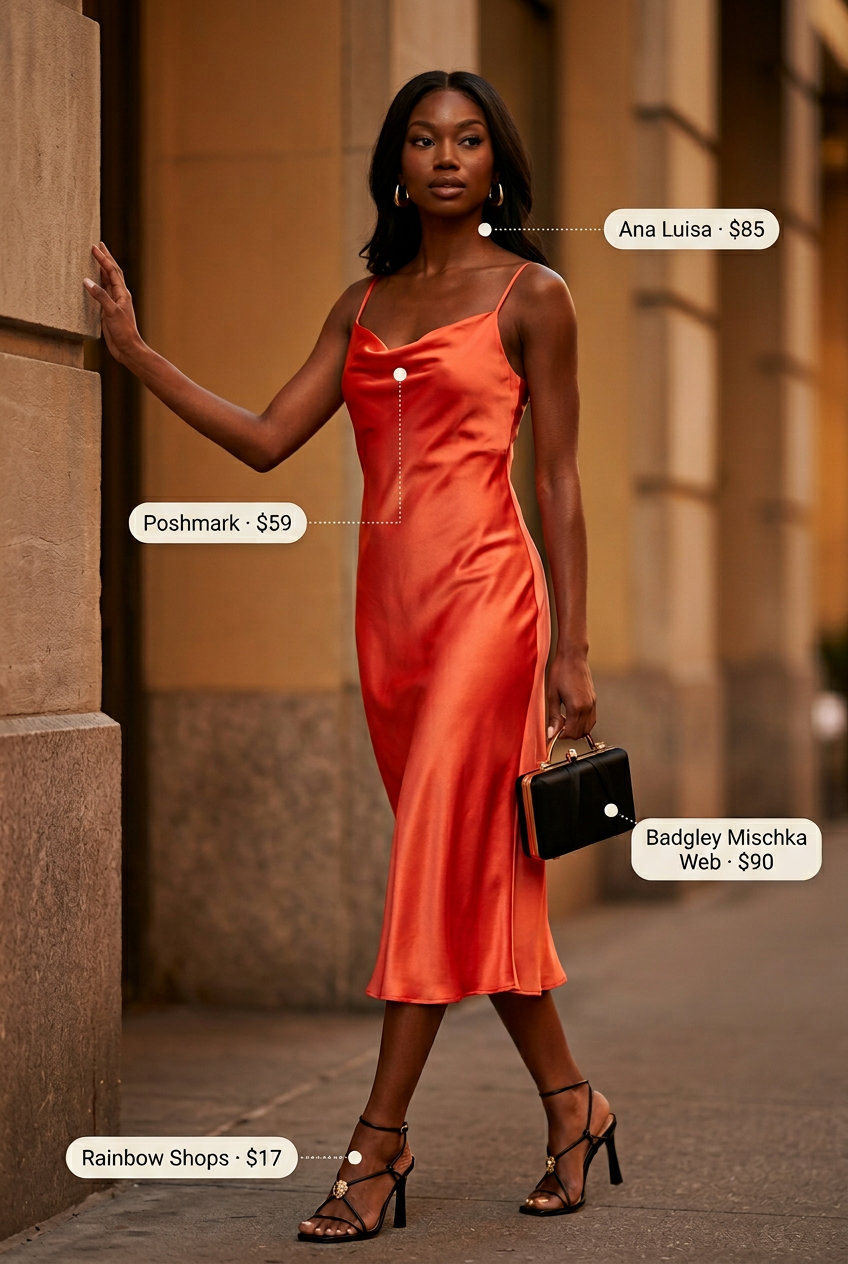 Vibrant coral cowl neck slip dress with gold accents for summer cowl neck outfits for women 2026.