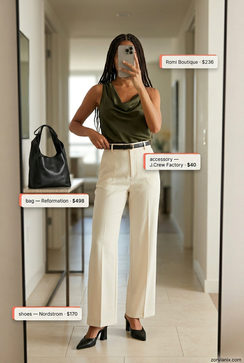 Chic cream wide-leg trousers with an olive green cowl neck top for summer cowl neck outfits for women 2026.