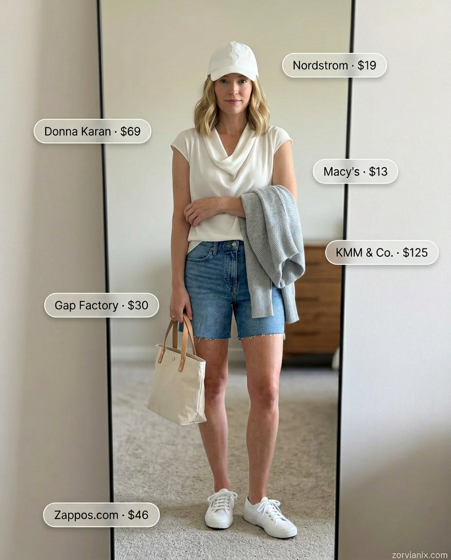 Light grey cowl neck sweater with denim shorts for women 2026. Casual weekend outfit.