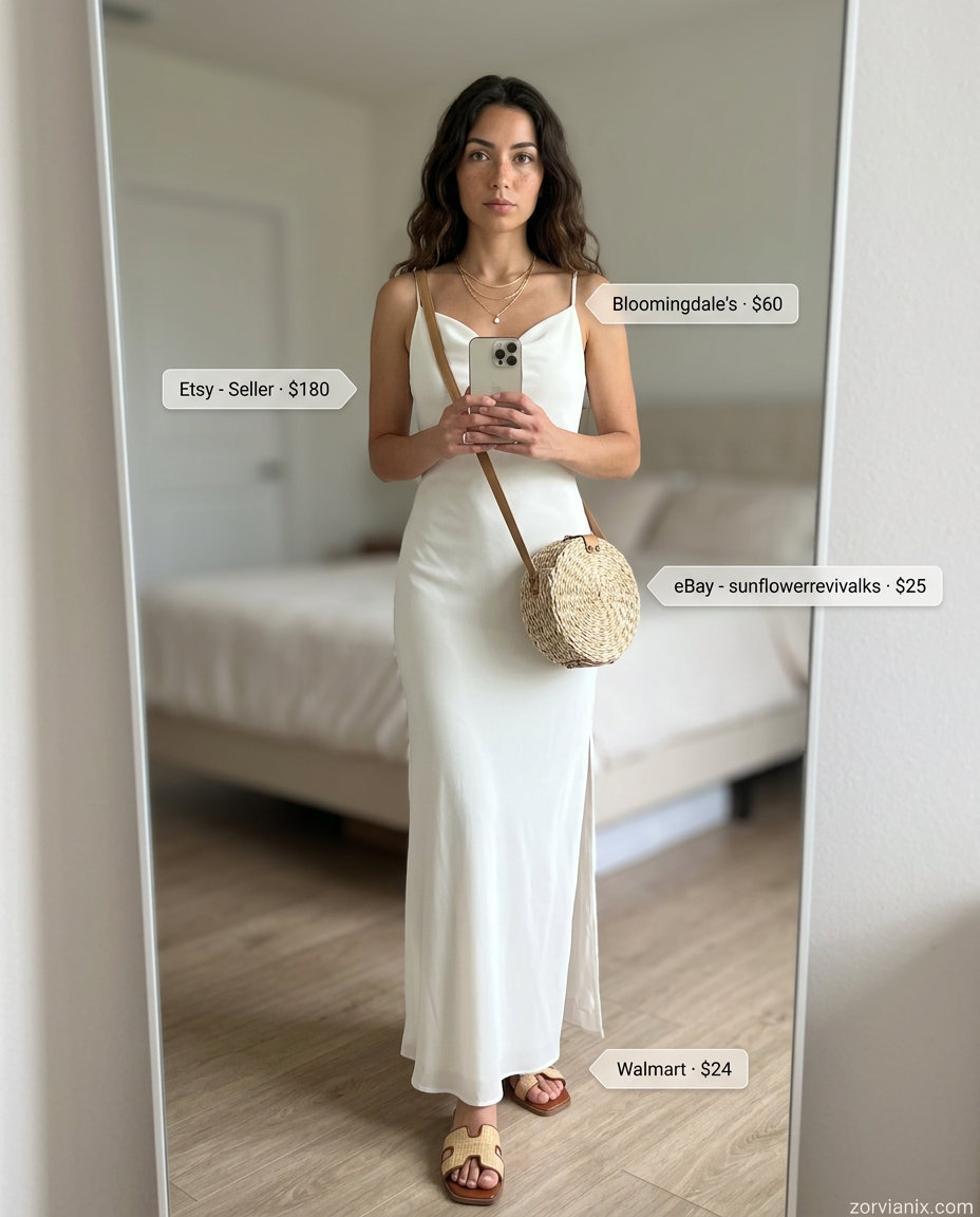 Ivory flowy cowl neck maxi dress for coastal summer evenings and beachside dinners 2026.