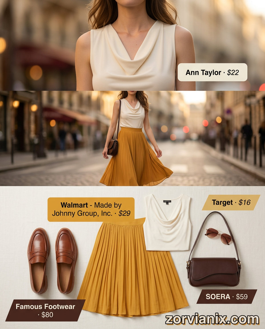 Mustard yellow midi skirt paired with a white cowl neck top for summer cowl neck outfits for women 2026.