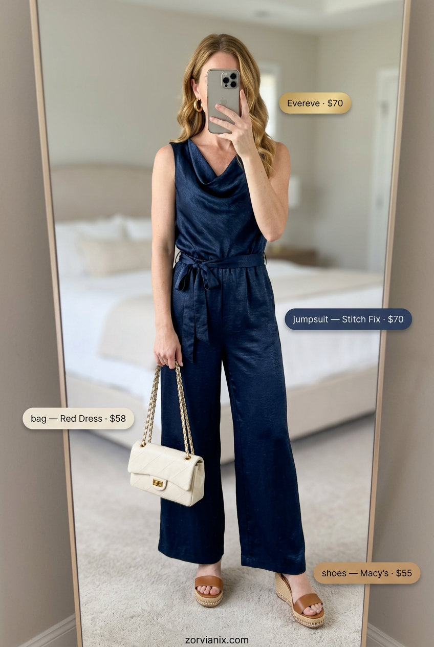 Navy blue wide-leg cowl neck jumpsuit for women 2026. Chic for casual evenings or summer parties.