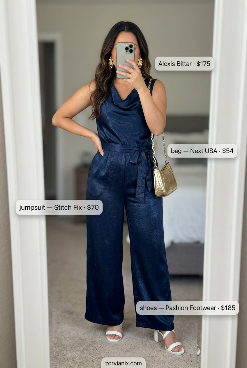 Navy blue wide-leg cowl neck jumpsuit for women 2026. Elegant for summer evening events.