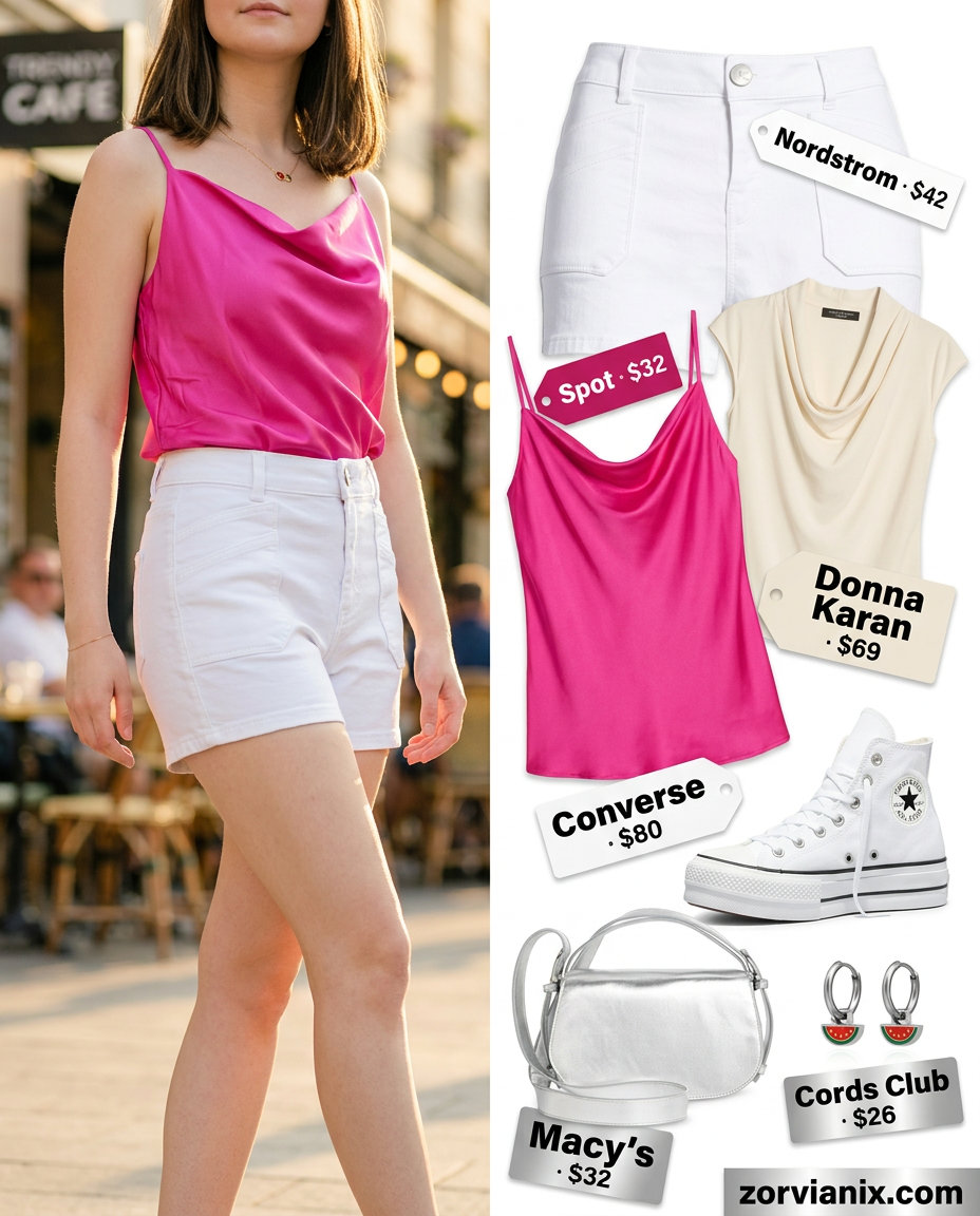Hot pink cowl neck crop top with white denim shorts for women 2026. Fun summer party outfit.
