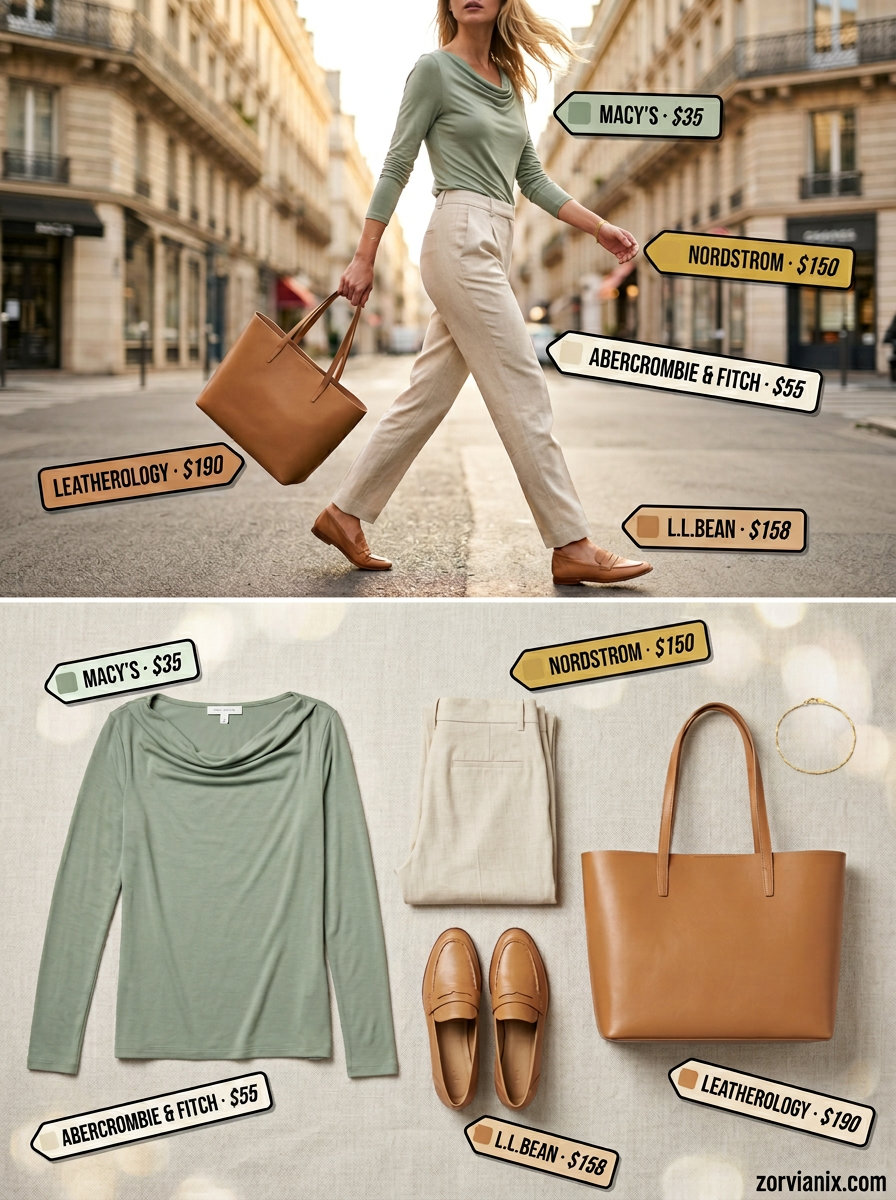 Sage green cowl neck blouse with cream trousers for women 2026. Polished summer work outfit.