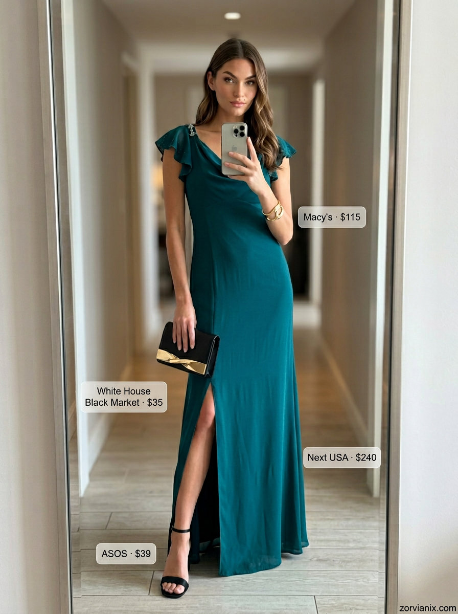 Elegant deep teal cowl neck maxi dress with gold accents for summer cowl neck outfits for women 2026.