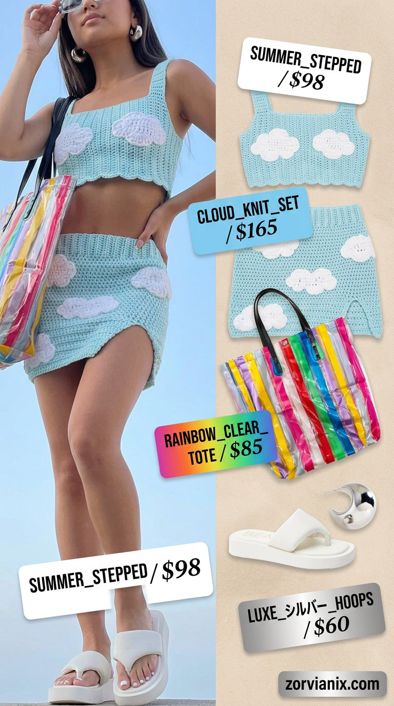 Light blue crochet crop top and shorts set with silver hoops for summer crochet outfits for women for women 2026.