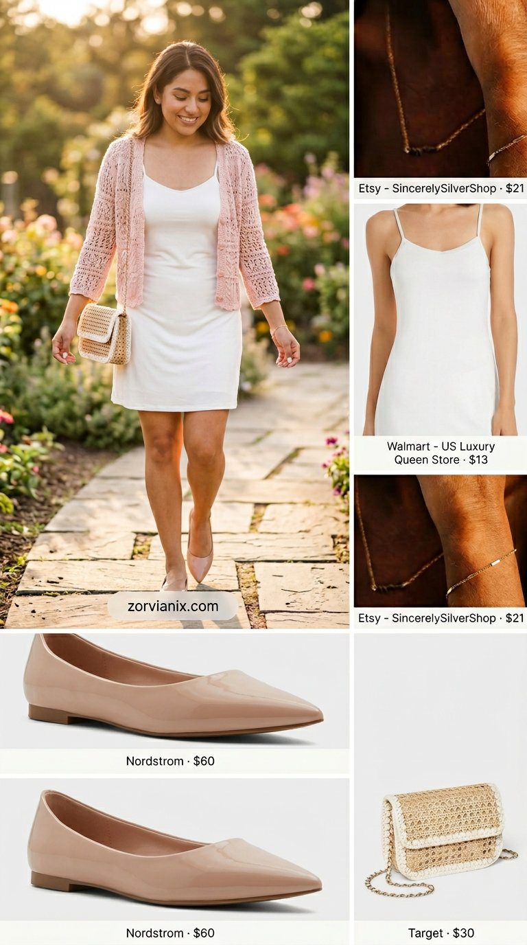 Blush pink crochet cardigan over a white slip dress for summer crochet outfits for women for women 2026.