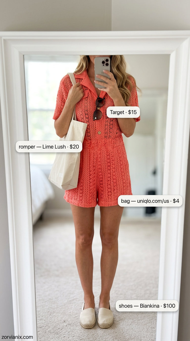 Soft coral crochet romper with espadrilles and sunglasses for summer crochet outfits for women for women 2026.