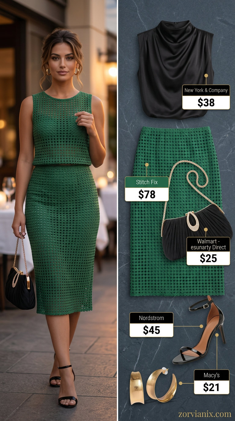 Emerald green crochet midi skirt with black camisole and statement earrings for summer crochet outfits for women for women 2026.