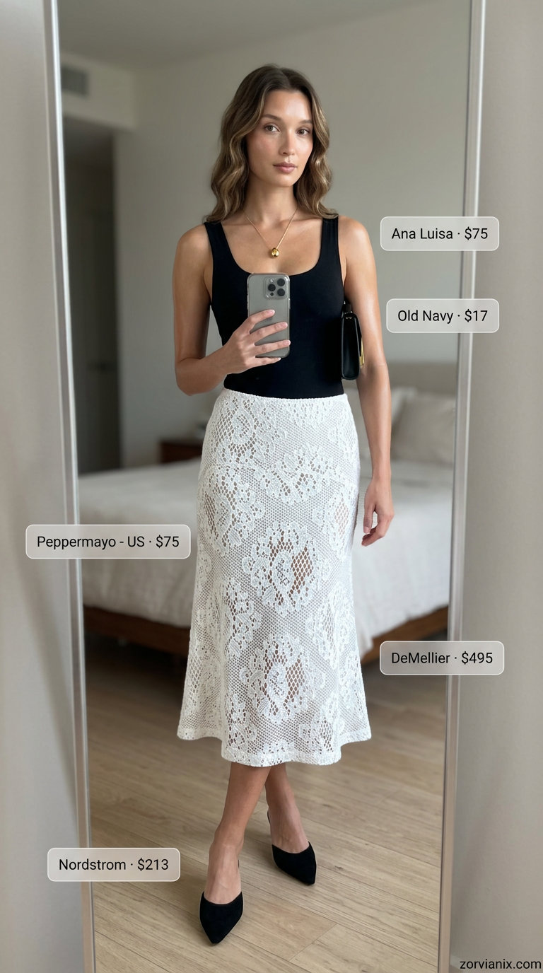 Ivory crochet midi skirt with black bodysuit and gold accessories for summer crochet outfits for women for women 2026.