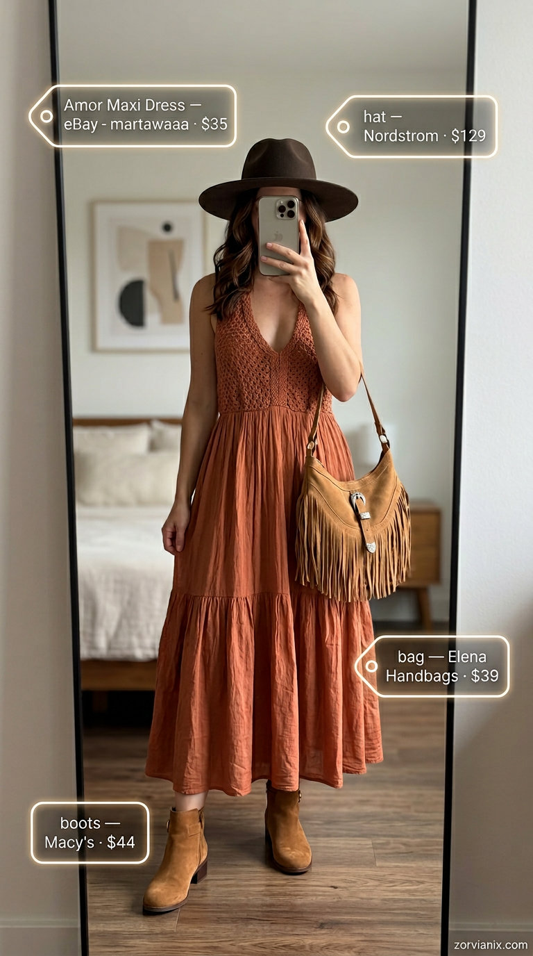 Terracotta crochet maxi dress with a wide-brim hat and suede boots for summer crochet outfits for women for women 2026.