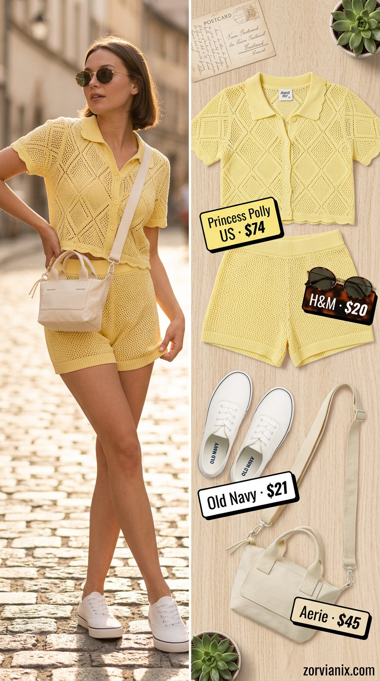 Lemon yellow crochet bralette and shorts set with white sneakers for summer crochet outfits for women for women 2026.