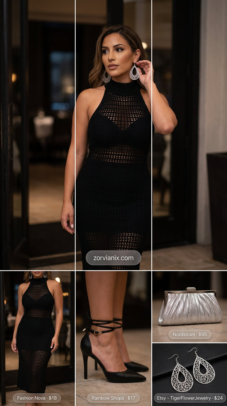 Black crochet midi dress with silver accessories. Summer crochet outfits for women for women 2026.