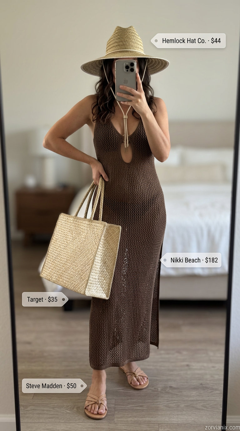 Earthy brown maxi crochet dress with straw hat and tote. Summer crochet outfits for women for women 2026.