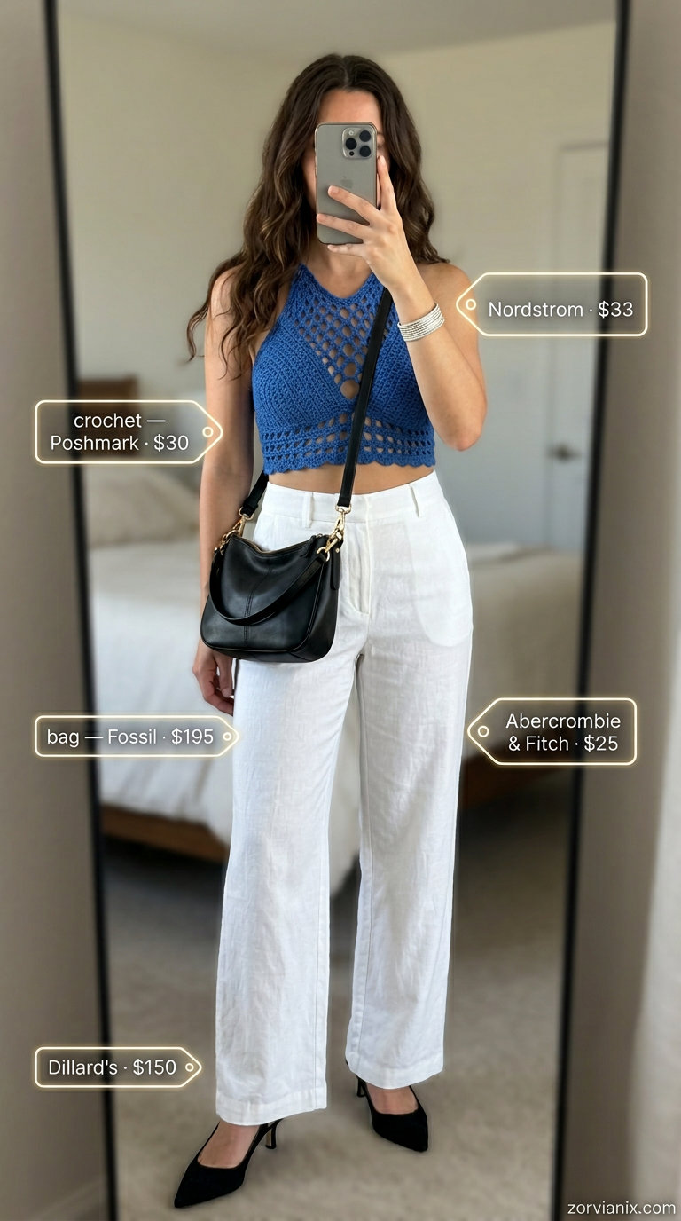 Cobalt blue crochet halter top with white trousers. Summer crochet outfits for women for women 2026.