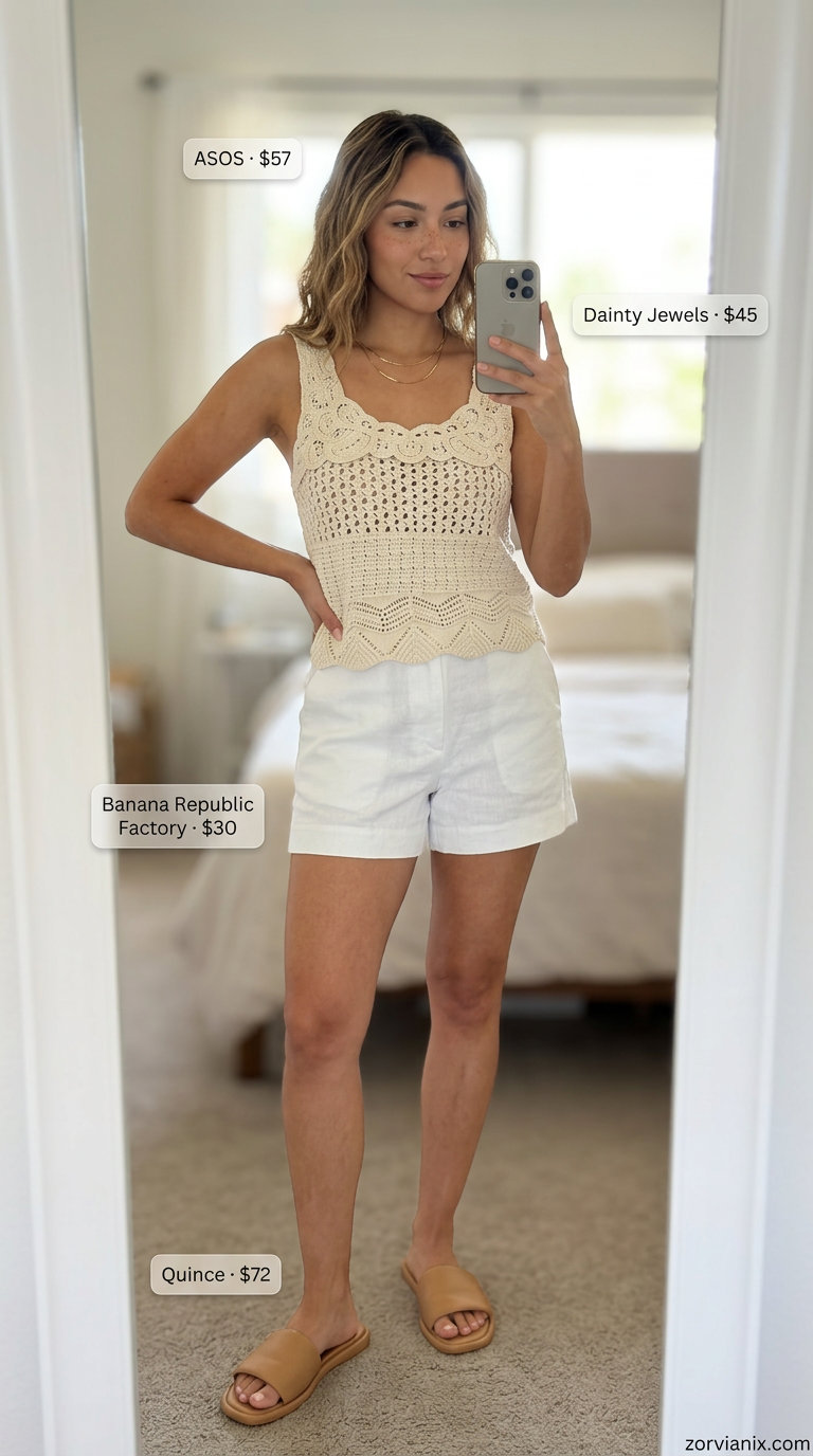 Coastal breeze cream crochet tank top with linen shorts, gold necklace, leather slides & straw crossbody. Summer crochet outfits for women for women 2026.