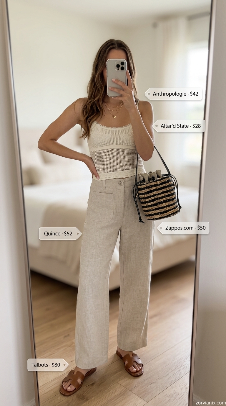 Cream crochet tank top with linen pants, gold necklaces. Summer crochet outfits for women for women 2026.