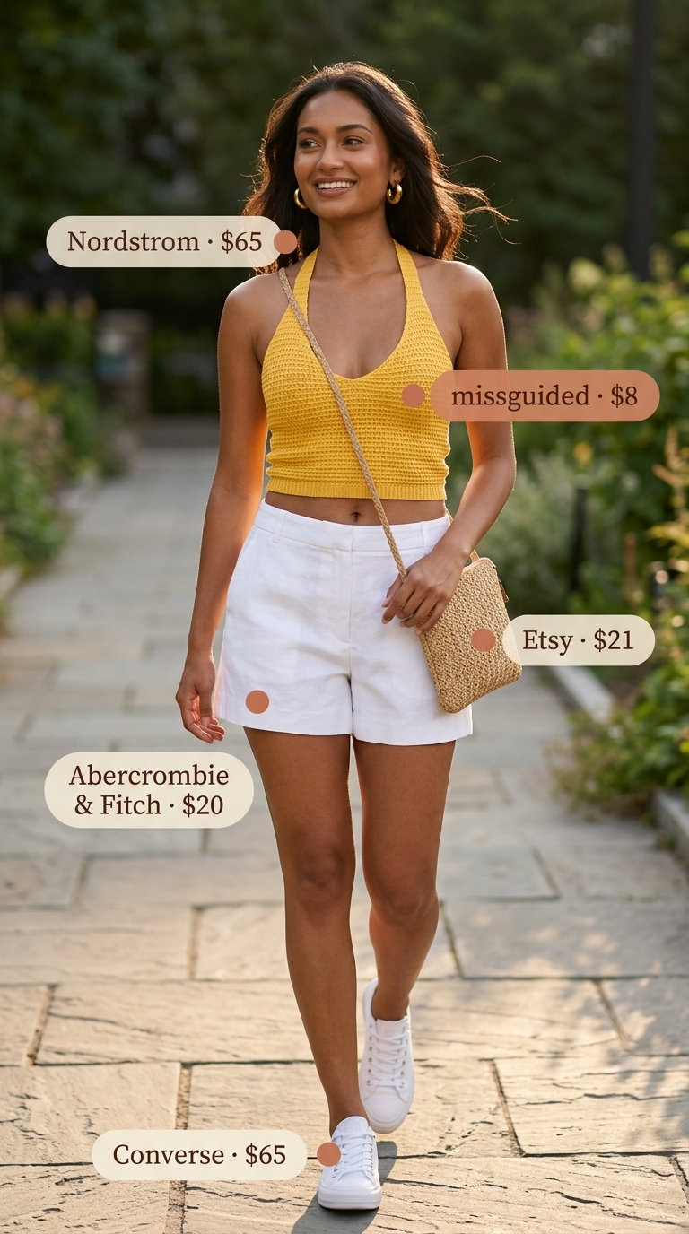 Citrus grove chic lemon yellow crochet halter top with tailored linen shorts, white sneakers & straw crossbody. Summer crochet outfits for women for women 2026.