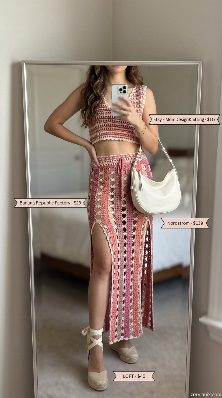 Dusty rose crochet crop top and midi skirt set. Summer crochet outfits for women for women 2026.